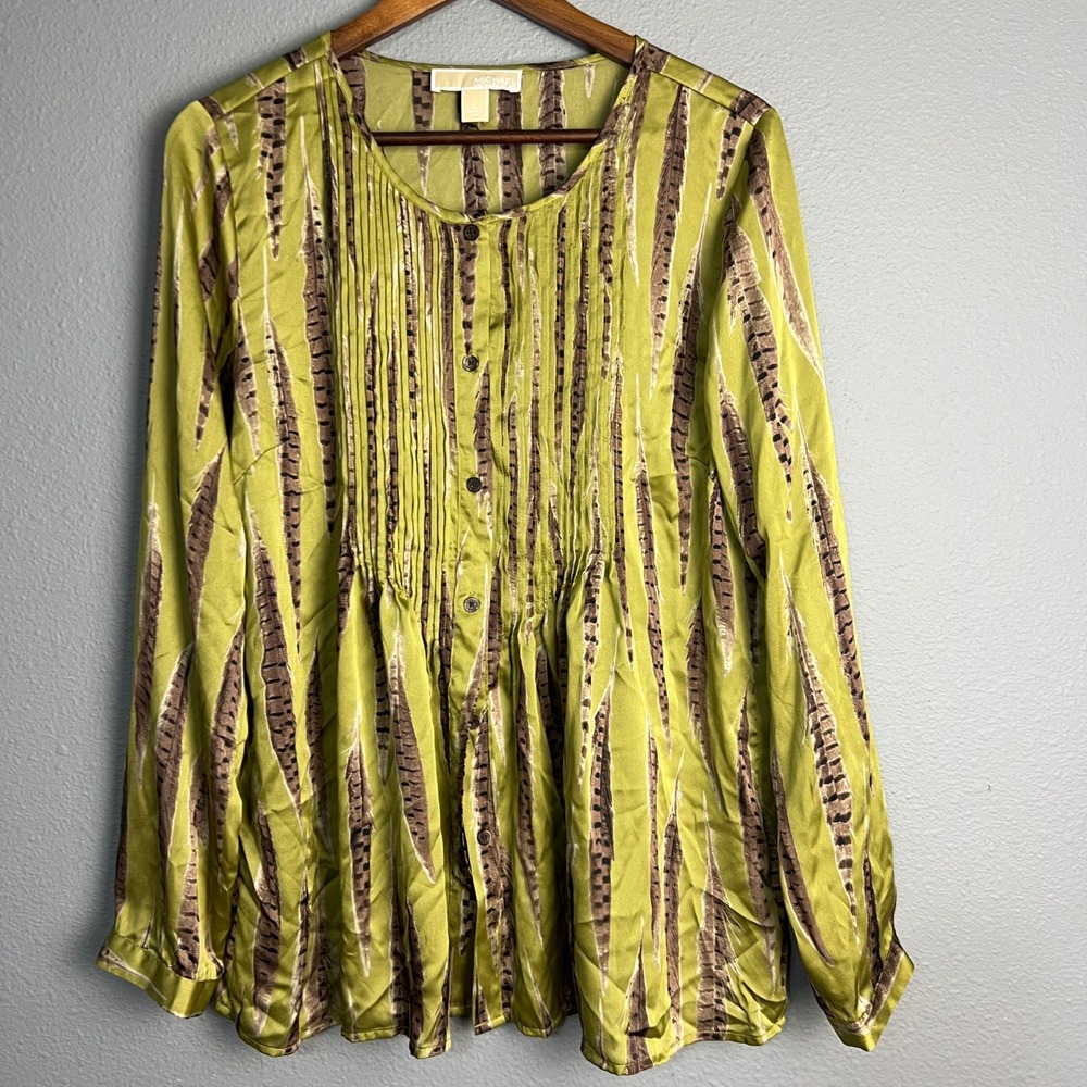 Michael Kors‎ Abstract Eclectic Retro Boho Tunic Feather Print Pleated Blouse L